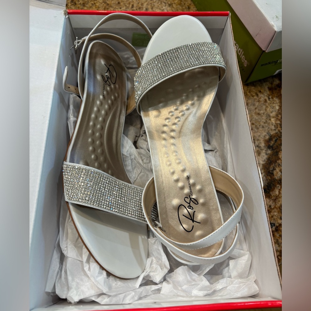Ros Hommerson White Slingback Kitten Heels with Rhinestone Ankle Strap - NIB